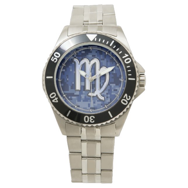 Virgo Zodiac Sign on Navy Blue Digital Camo Decor Watch (Front)