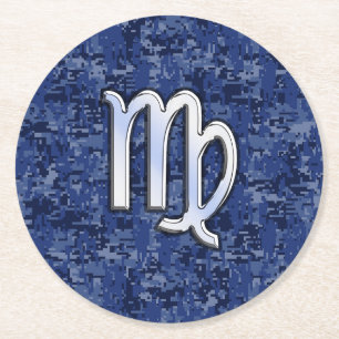 Virgo Zodiac Sign on Navy Blue Digital Camouflage Round Paper Coaster
