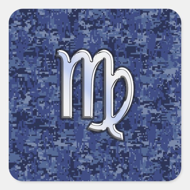 Virgo Zodiac Sign on Navy Blue Digital Camouflage Square Sticker (Front)