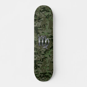 Virgo Zodiac Sign on Olive Green Digital Camo Skateboard