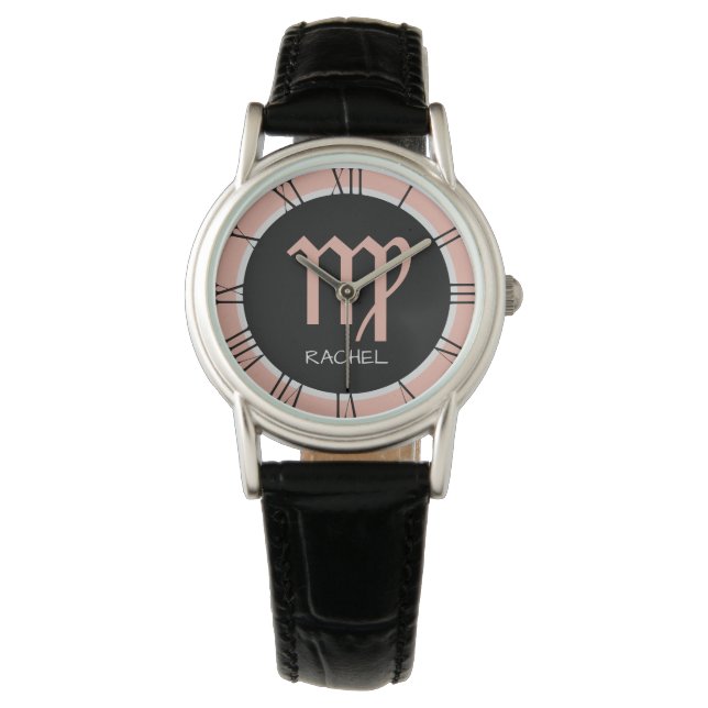 Virgo Zodiac Sign Rose Pink Grey Black Custom Name Watch (Front)