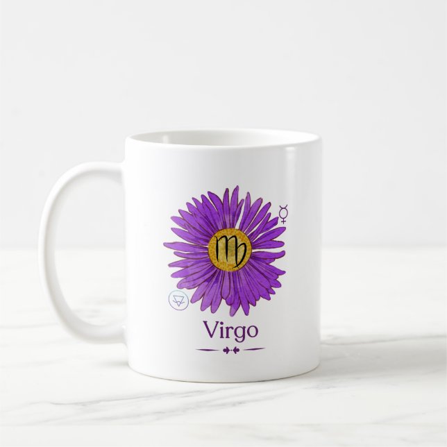 Virgo Zodiac Sign with Purple Aster Flower Mug (Left)