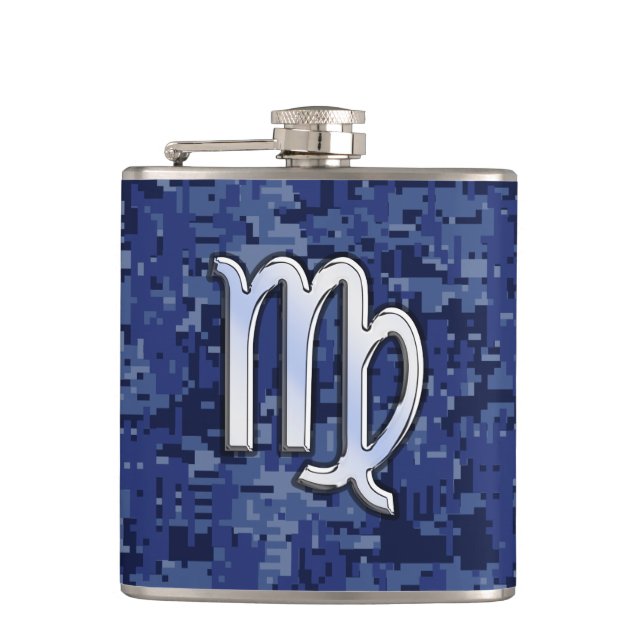 Virgo Zodiac Silver Sign on Navy Blue Digital Camo Hip Flask (Front)