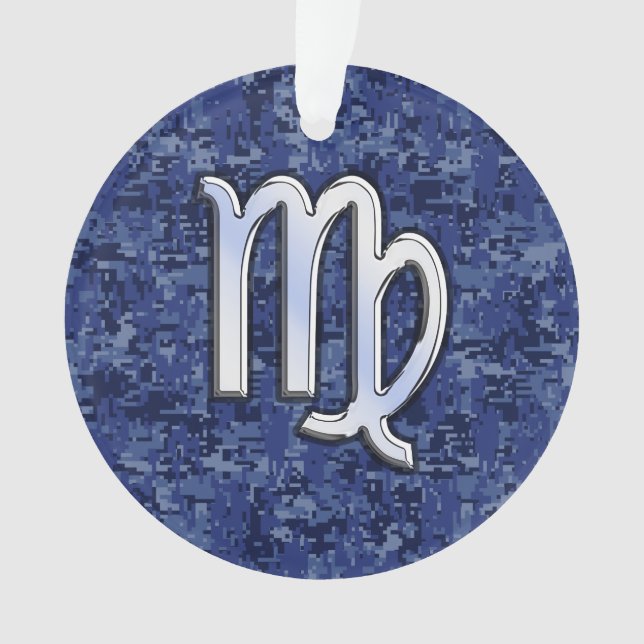 Virgo Zodiac Silver Sign on Navy Blue Digital Camo Ornament (Front)