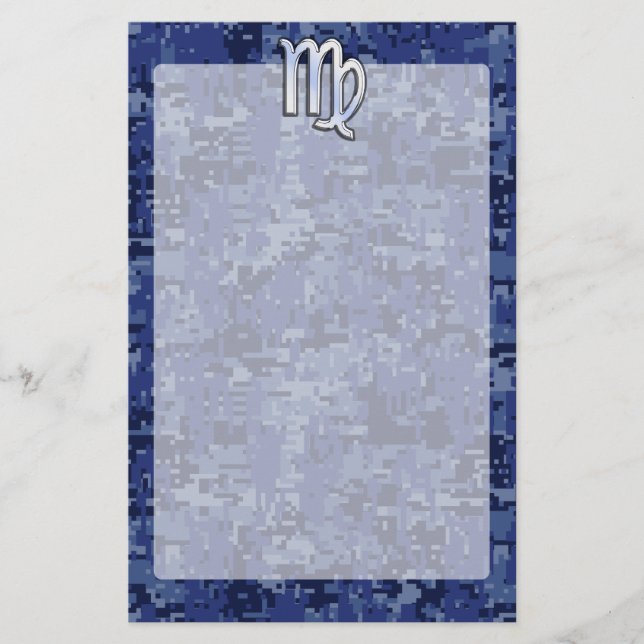 Virgo Zodiac Silver Sign on Navy Blue Digital Camo Stationery (Front)