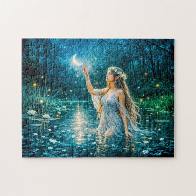 Virgo Zodiac with Moonlit Maiden Holding a Glowing Jigsaw Puzzle (Horizontal)
