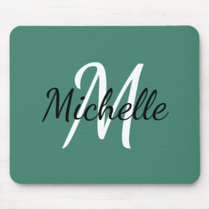 Viridian Green & White Monogram Add Your Name Mouse Pad