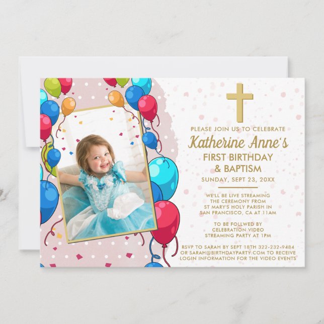 Virtual 1st Birthday Baptism Pink Gold Text Photo Invitation (Front)
