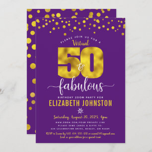 Virtual 50 and fabulous birthday purple gold dots invitation