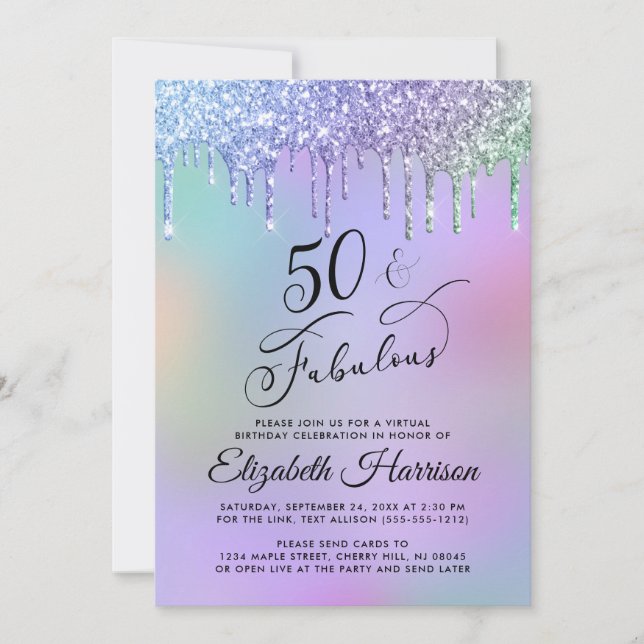 Virtual 50th Birthday Party Rainbow Glitter Invitation (Front)