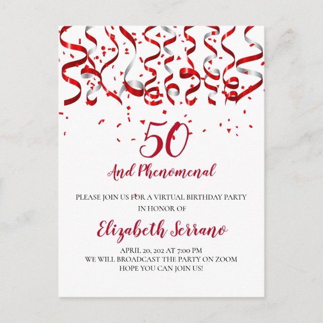 Virtual 50th Birthday Party Red Streamers Invitation Postcard (Front)