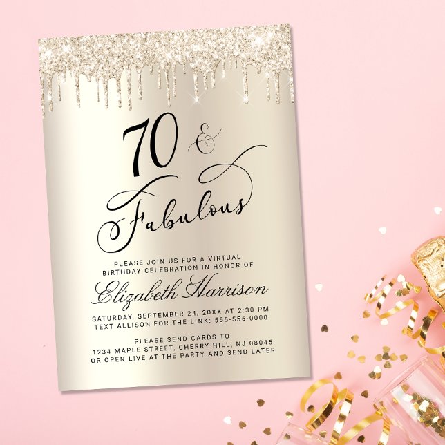 Virtual 70th Birthday Party Gold Glitter  Invitation (Creator Uploaded)