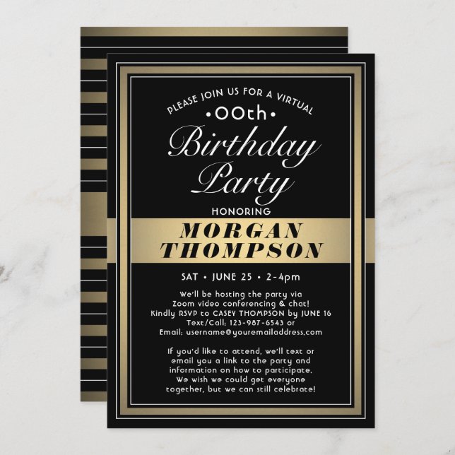 Virtual Any Birthday Black Gold and White Party Invitation (Front/Back)