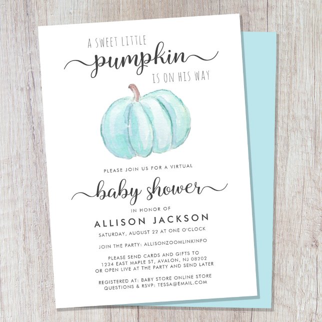 Virtual Baby Boy Shower Blue Pumpkin Watercolor Invitation (Celebrate the upcoming arrival of your autumn baby boy with a pumpkin-themed virtual baby shower)