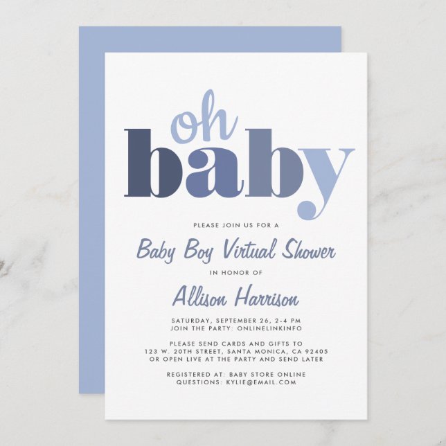 Virtual Baby Boy Shower Oh Baby Blue Invitation (Front/Back)