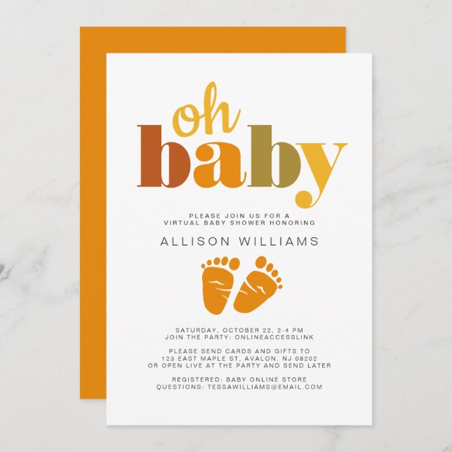 Virtual Baby Boy Shower Orange Green Typography Invitation (Front/Back)