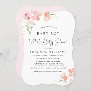 Virtual Baby Boy Shower Pink Floral Watercolor Invitation