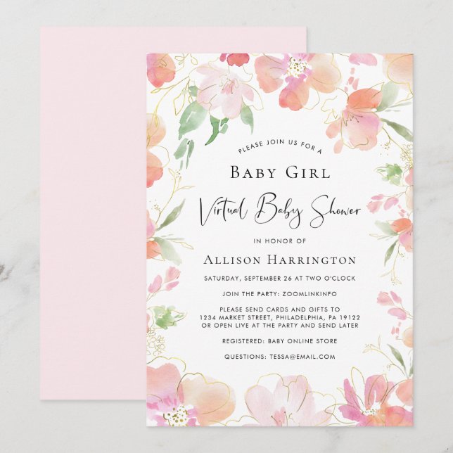 Virtual Baby Girl Shower Pink Floral Watercolor Invitation (Front/Back)