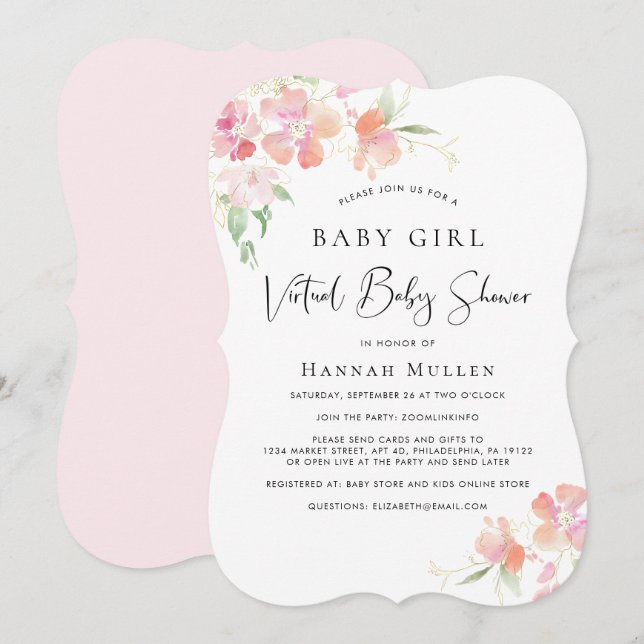 Virtual Baby Girl Shower Pink Floral Watercolor Invitation (Front/Back)