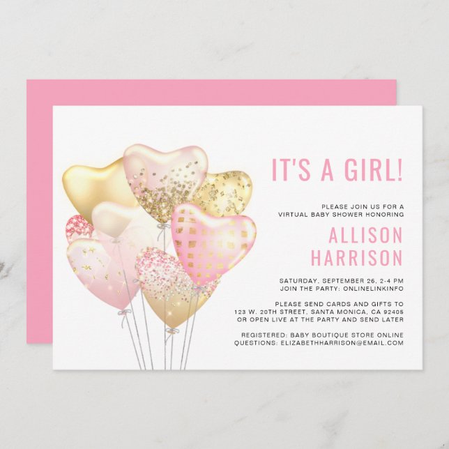 Virtual Baby Girl Shower Pink Gold Glitter Balloon Invitation (Front/Back)