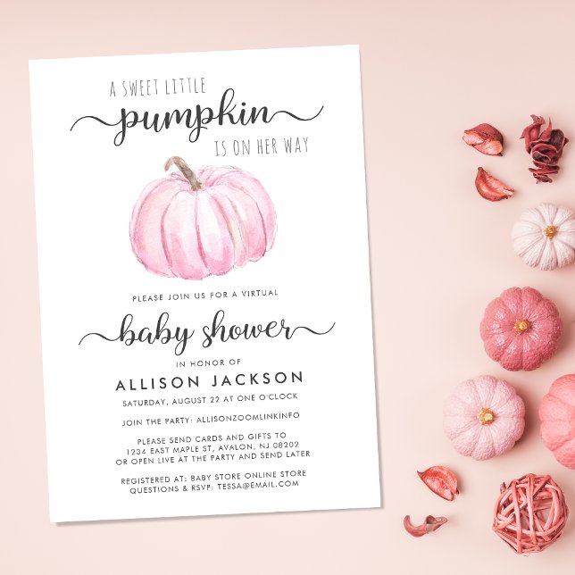 Virtual Baby Girl Shower Pink Pumpkin Watercolor Invitation (Celebrate the upcoming arrival of your sweet autumn baby with a pumpkin-themed virtual baby shower)