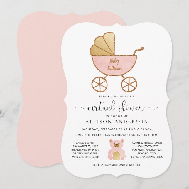 Virtual Baby Girl Shower Retro Carriage Pink Gold Invitation (Front/Back)