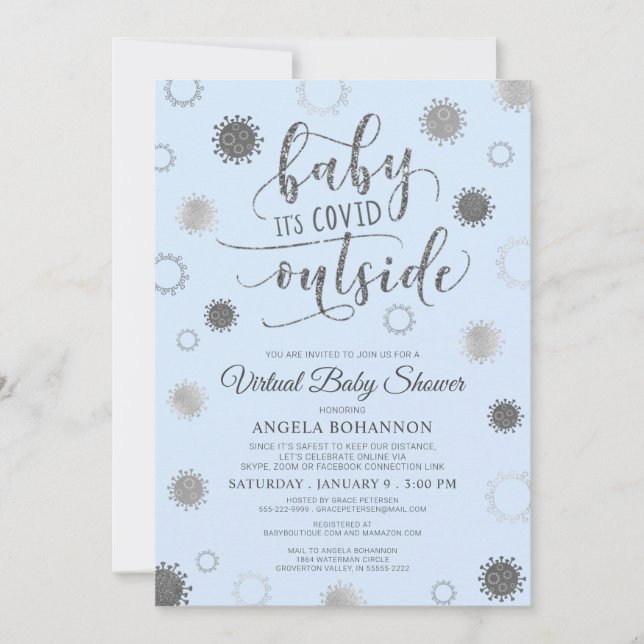 Virtual Baby Shower BABY ITS COVID OUTSIDE Blue Invitation (Front)