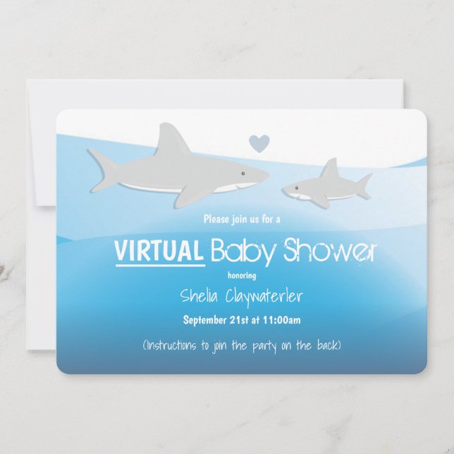 Virtual Baby Shower Blue Ocean Shark Cartoon Invitation (Front)