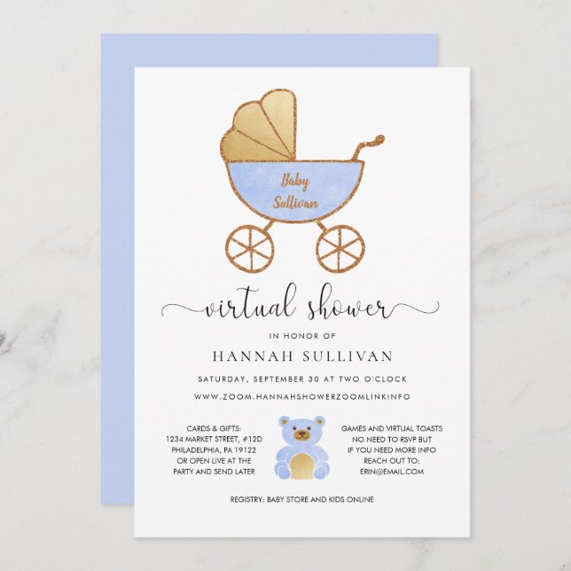 Virtual Baby Shower Boy | Retro Carriage Blue Gold Invitation (Front/Back)