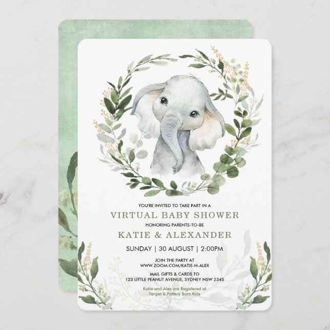 Virtual Baby Shower By Mail | Greenery Elephant Invitation (Front/Back)