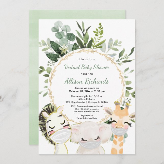 Virtual baby shower cute animals greenery gold invitation (Front/Back)