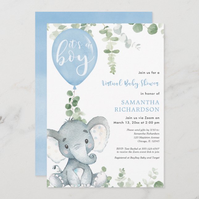 Virtual baby shower elephant blue balloons boy invitation (Front/Back)