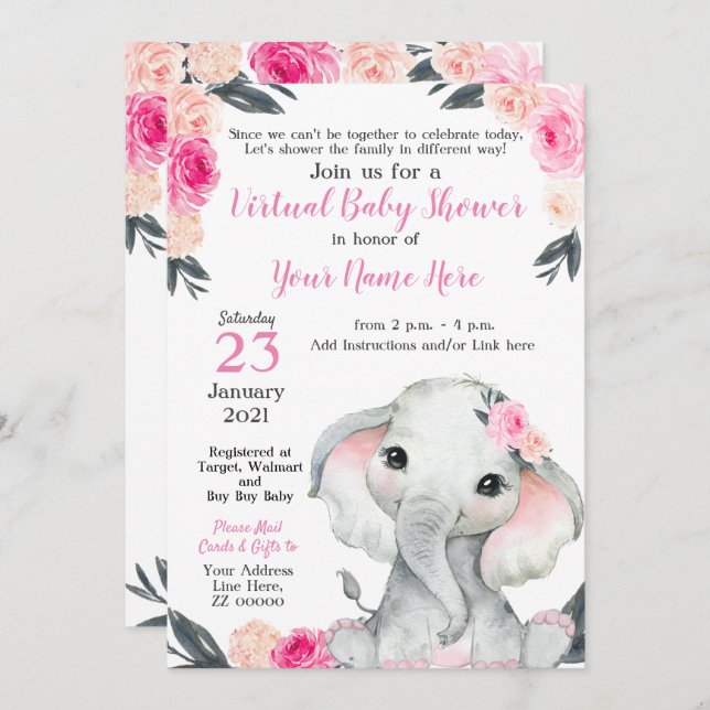 Virtual Baby Shower Elephant Pink Roses Girl Card (Front/Back)
