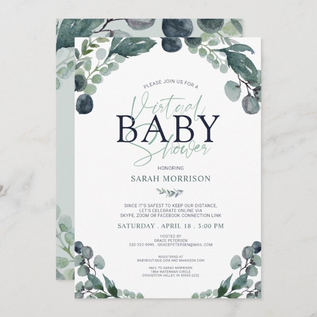 Virtual Baby Shower Eucalyptus Sage Blue Invitation (Front/Back)