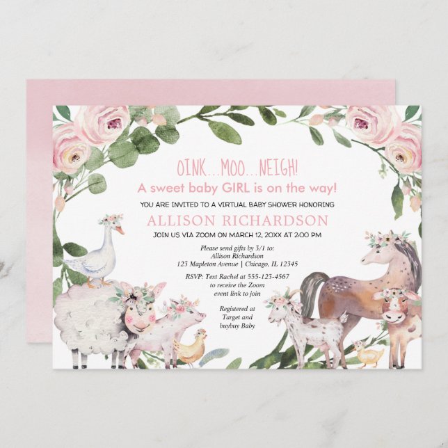Virtual Baby Shower Farm Barnyard animals girl Invitation (Front/Back)