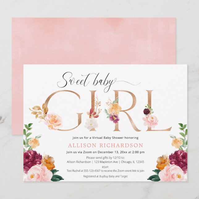 Virtual baby shower girl rose gold burgundy blush invitation (Front/Back)