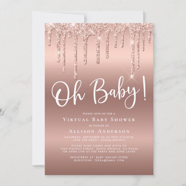 Virtual Baby Shower Glitter Drip Rose Gold Invitation (Front)