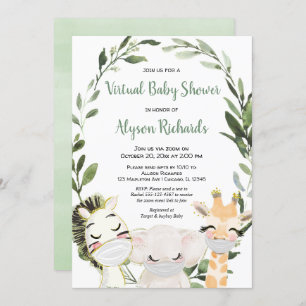Virtual baby shower greenery animals with masks invitation