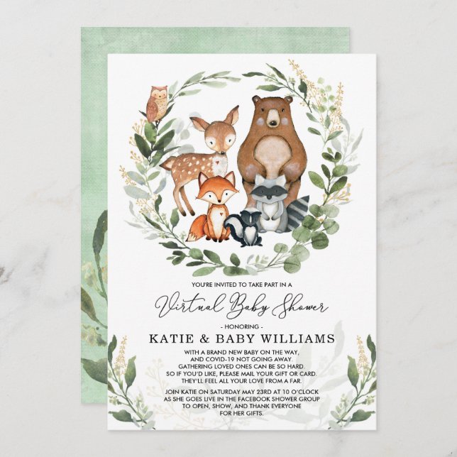 Virtual Baby Shower | Greenery Woodland Animals Invitation (Front/Back)