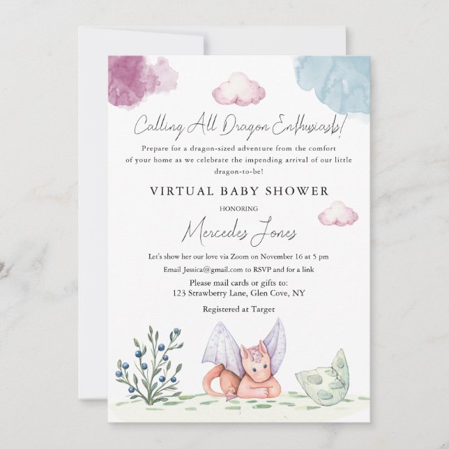 Virtual Baby Shower Hatching Dragon Pastel Colours Invitation (Front)