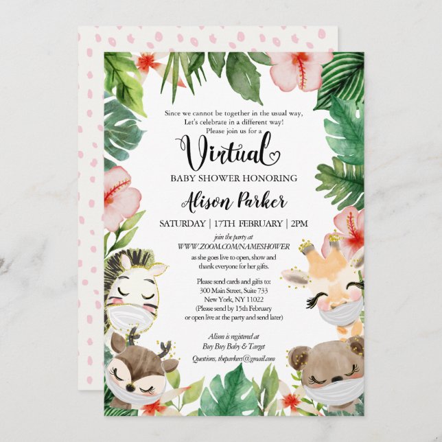 Virtual Baby Shower | Masked Jungle Safari Friends Invitation (Front/Back)
