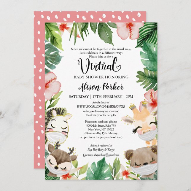Virtual Baby Shower | Masked Jungle Safari Friends Invitation (Front/Back)