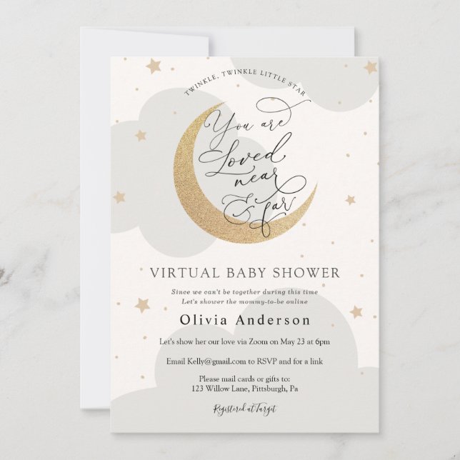 Virtual Baby Shower Neutral Twinkle Star and Moon Invitation (Front)