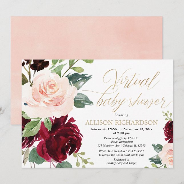 Virtual baby shower pink gold burgundy floral girl invitation (Front/Back)