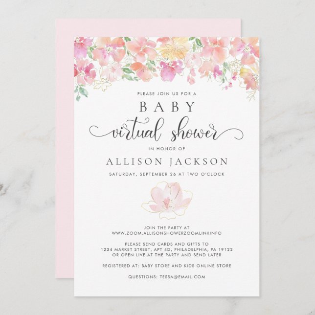 Virtual Baby Shower | Pink Gold Floral Watercolor Invitation (Front/Back)
