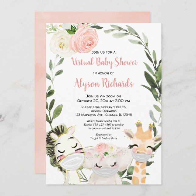 Virtual baby shower pink greenery safari animals invitation (Front/Back)