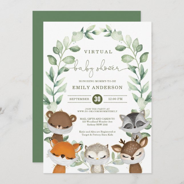Virtual Baby Shower Quarantine Woodland Animals Invitation (Front/Back)
