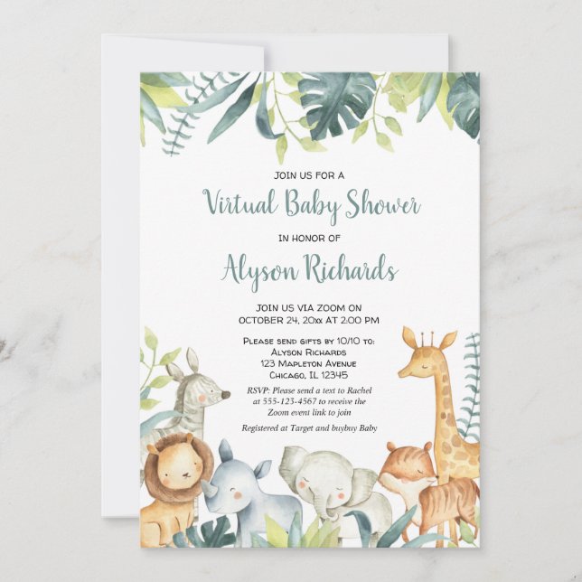 Virtual baby shower safari animals gender neutral invitation (Front)