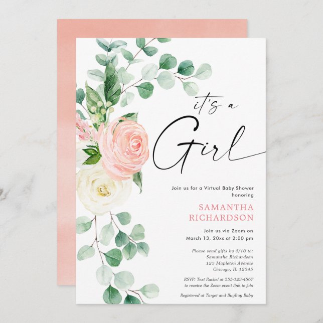 Virtual baby shower spring floral pink greenery invitation (Front/Back)