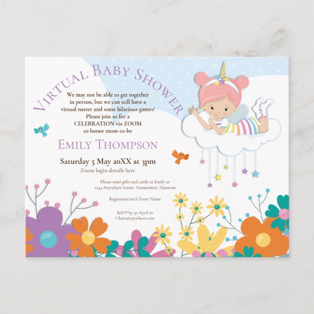 Virtual Baby Shower Unicorn Fairy Birds Florals Invitation Postcard (Front)